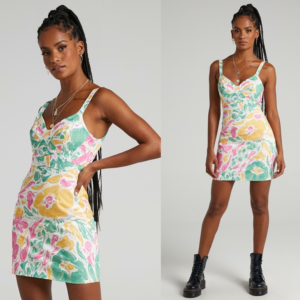 Showpo Argel Dress Electric Floral Pastel Denim Jeans Bodycon Sheath Biker 10